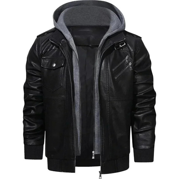 Men’s Stand Collar PU Faux Leather  Zipper Motorcycle Bomber Jacket - Picture 4 of 7